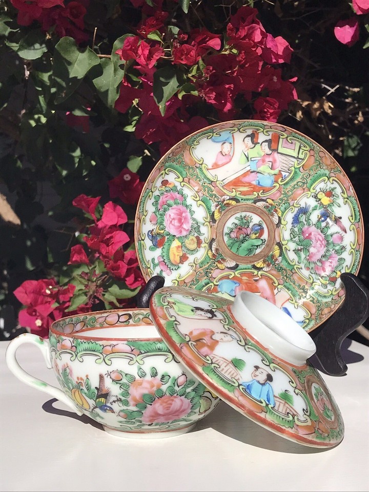 Antique Rose Medallion China Hand Painted Porcelain Cup And Saucer With