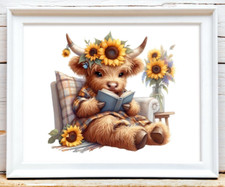 Cow Wall Art Print, Cute Cow Reading a Book Art Print Farmhouse Decor Sunflowers