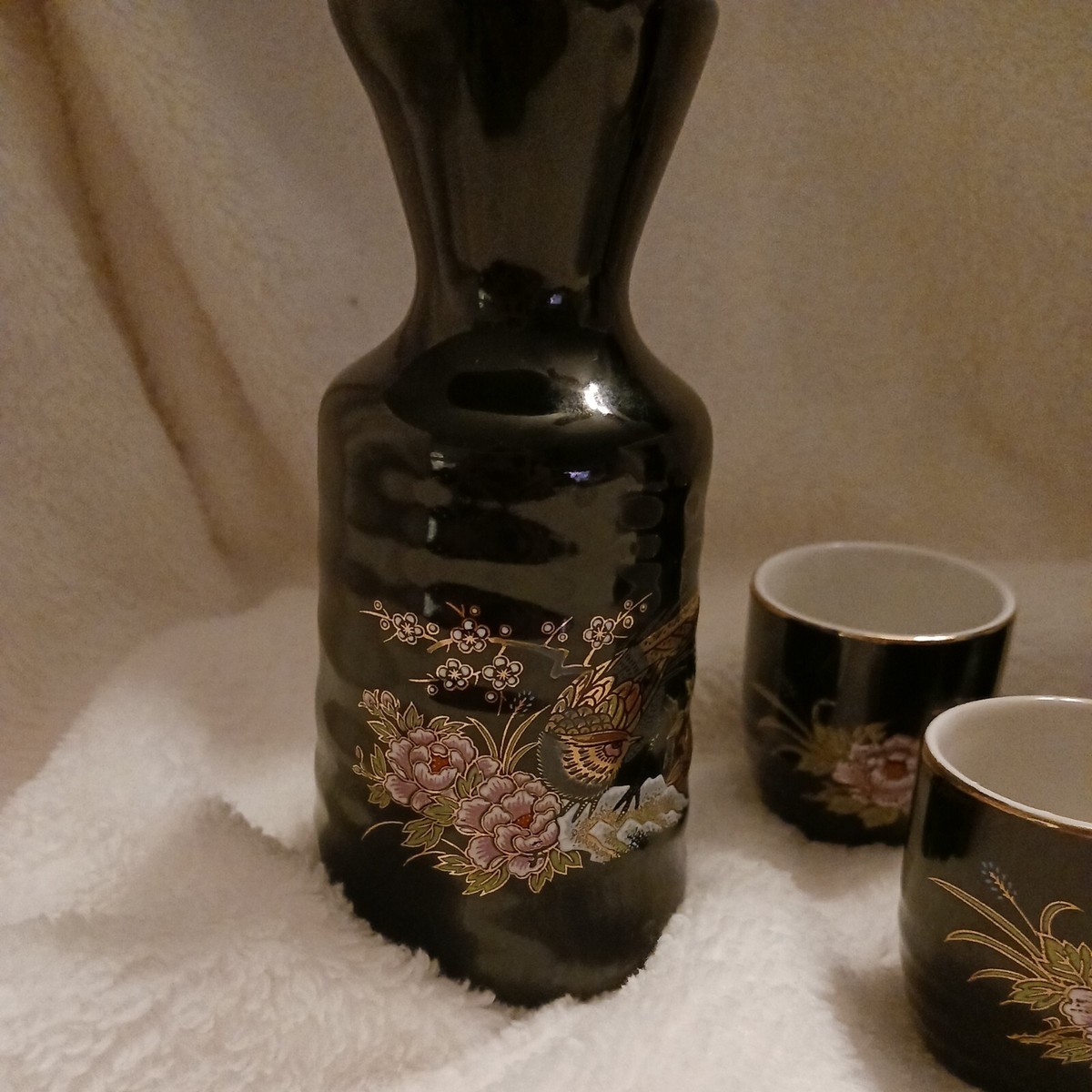 さち 7個 Vintage Blue 7 Piece Asahi Japan Sake Set With Peacocks, flowers
