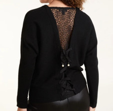 QED Black Knit V Neck Jumper Lace Insert Pearl Button Sweater One Size New