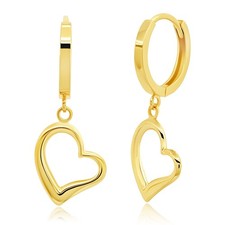 14K Yellow Gold Dangle Heart Huggie Hoop Earrings