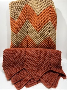 Vintage 1970s Handmade Crochet Orange Brown Afghan Blanket Approx 67x43