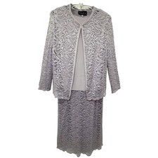Alex Evenings Metallic Silver Formal Lace Jacket Maxi Sheath Dress Set size 14p