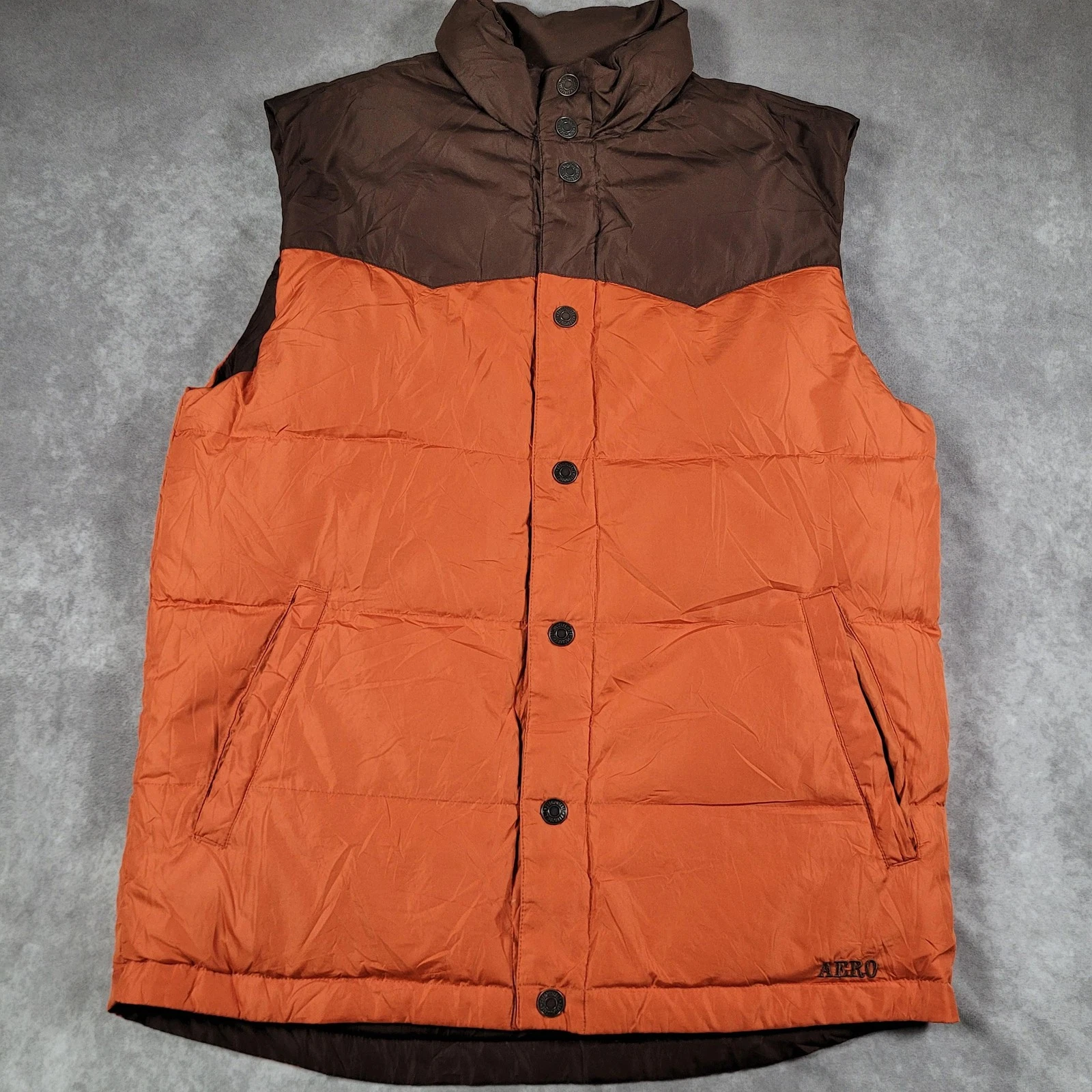 Aeropostale Puffer Vest Mens Medium Brown Orange Reversible Down Snap Front