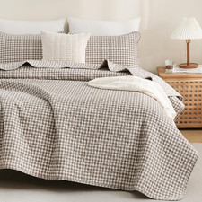 Tan Gingham Quilt Bedding Set 100 Washed Cotton Bedspread Coverlet like Linen F