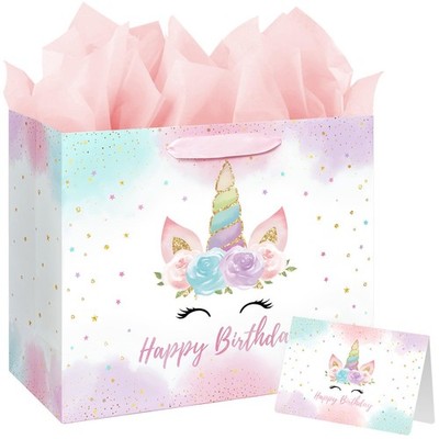 Bolsa de regalo de cumpleaños de unicornio grande 16,5'' con tarjeta y papel seda