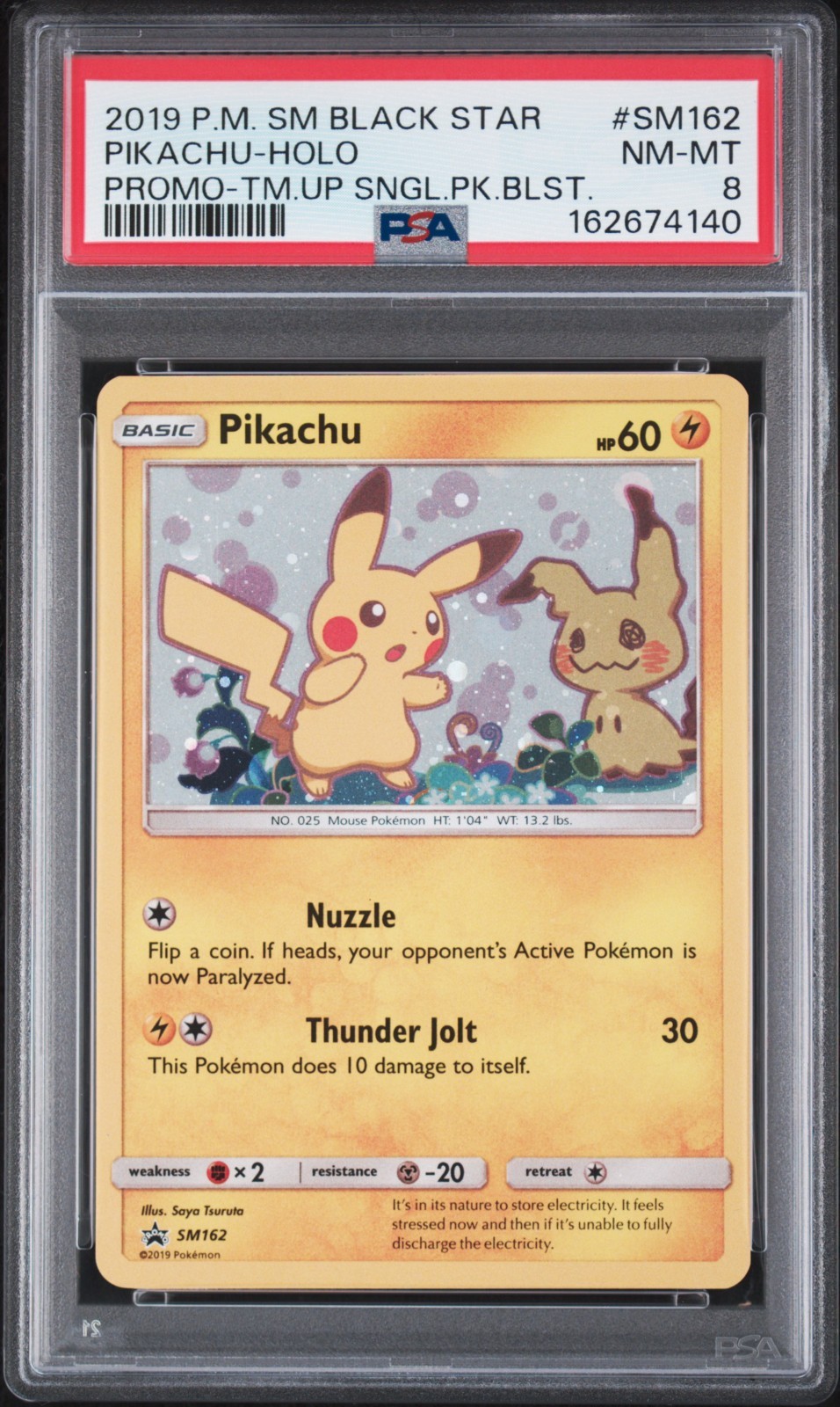 2019 POKEMON PIKACHU-HOLO PROMO-TM.UP SNGL.PK.BLST. SM BLACK STAR #SM162 PSA 8 view 1