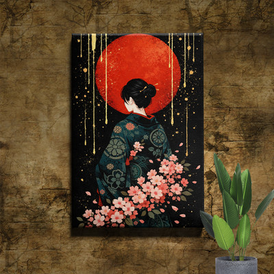 Japanese Woman Red Sun Canvas Art Gold Paint Drips Splatters