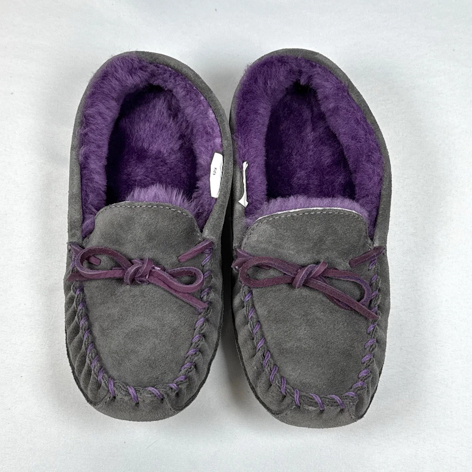 Zapatillas mocasín forradas de piel de oveja LL Bean Kids gris oscuro gamuza malvada buena talla 3 Foto 4 de 4