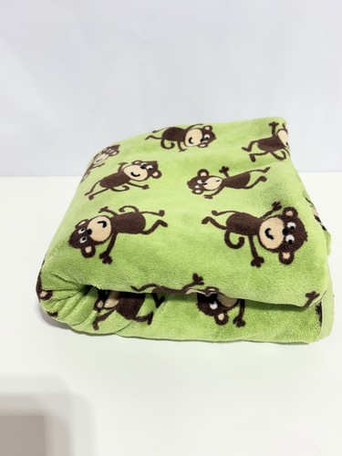 Carters Green Brown Monkey Baby Blanket Sherpa Minky