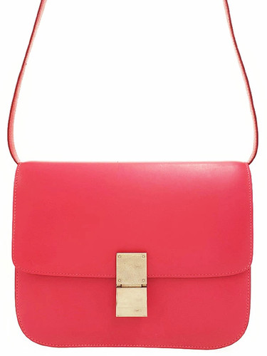 Celine Classic Box Medium Flap Bag Leather Pink Shoulder Bag Women's #TB2660