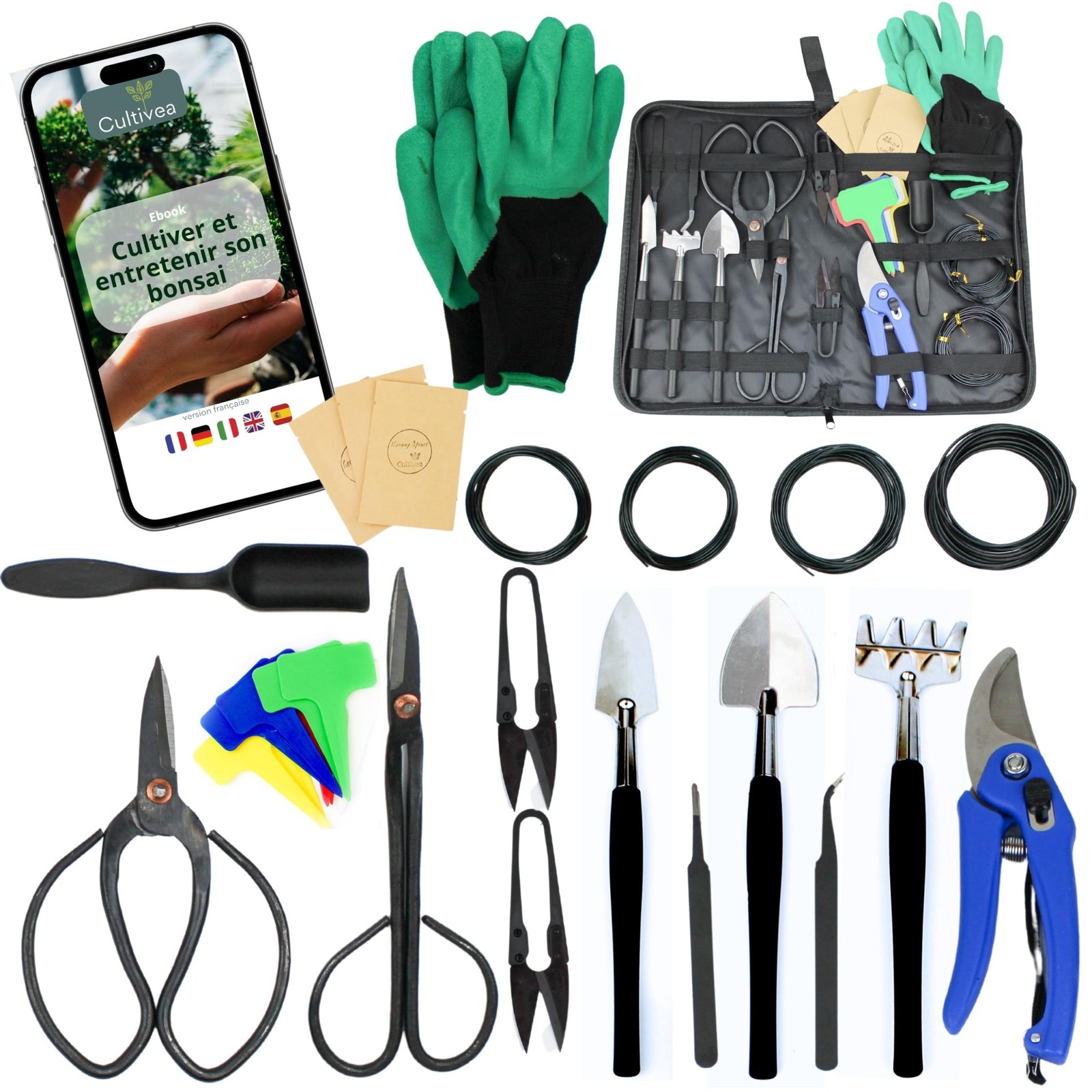 Kit Bonsai Cultivea 32 Pezzi | Attrezzi Acciaio per Giardinaggio Zen