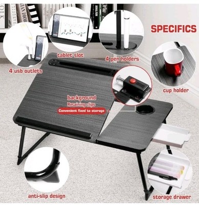 Large Laptop Desk W/Light, 7 Adj Angles, 4 USB Ports, Cup Holder,& Fan NEW MODEL