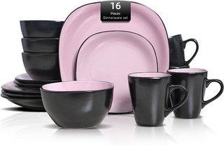 Square Dinner Set 16 Piece AUCTION Stoneware Set for 4 Ceramic Plates and Bowls