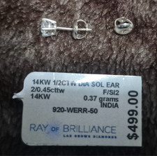 1/2 pair 0.24ctw round SI2/F lab grown diamond stud, 14K white gold screw back