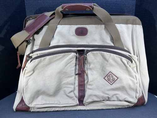 Vtg Canvas Leather XL Bag Metal Bar Frame Utilitarian Travel 16inTx20inW READ