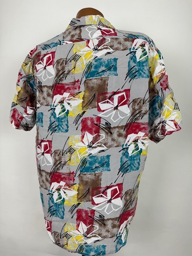 80s Islander Hawaiian Shirt Men L Gray Floral Geometric Abstract Hipster Rayon - Picture 7 of 15