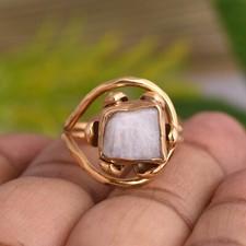 Natural Rainbow Moonstone 925 Silver Gold Plated Ring Handmade Crystal Jewelry