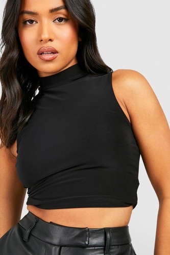 Womens Ladies Sleeveless Polo Turtle Neck Stretch Crop Vest Top Tshirt Cropped - Picture 7 of 11