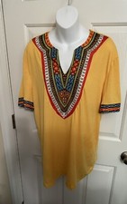 African Style Dashiki Tunic Unisex Yellow Large Multicolor Tribal Top Juneteenth
