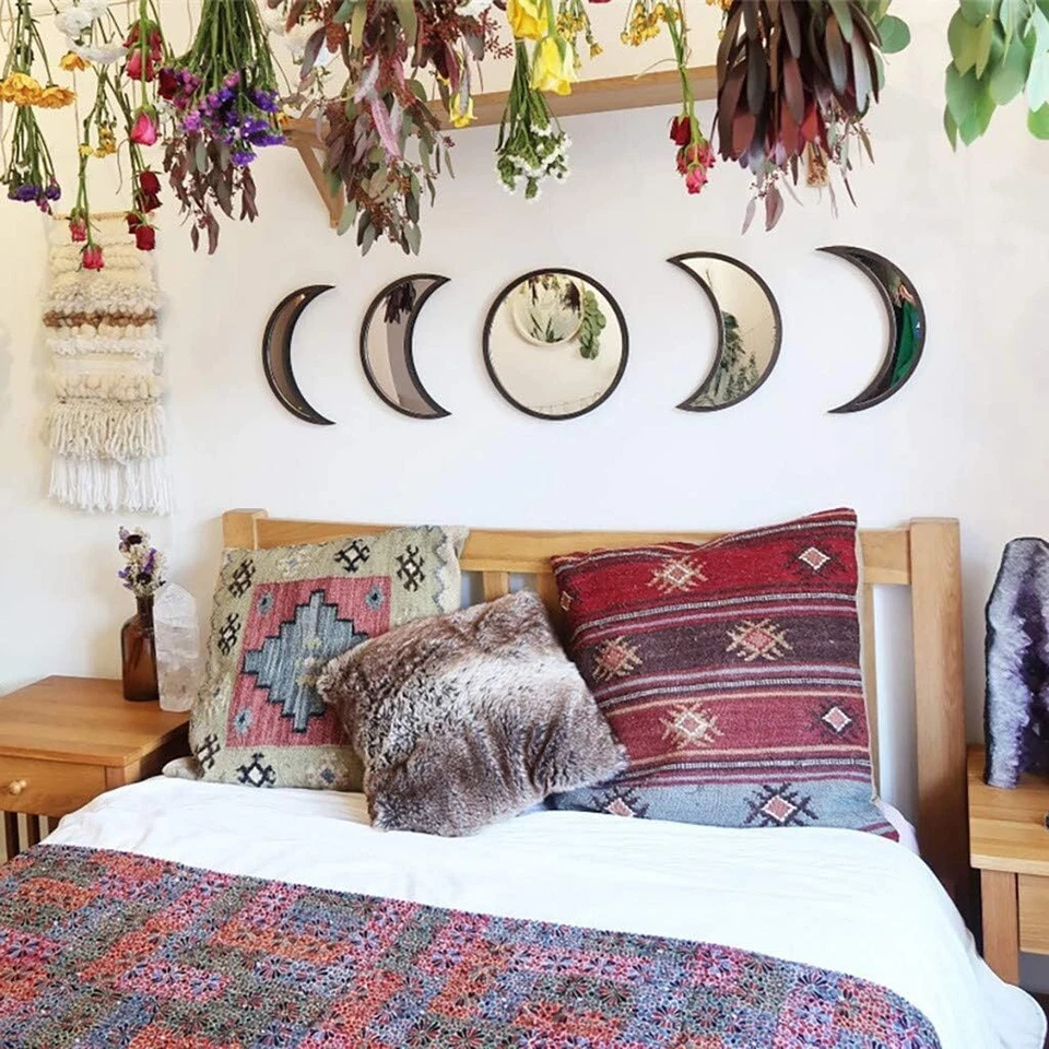 Juego de 5 espejos acrílicos de madera fase lunar escandinava - sala dormitorio Foto 4 de 4