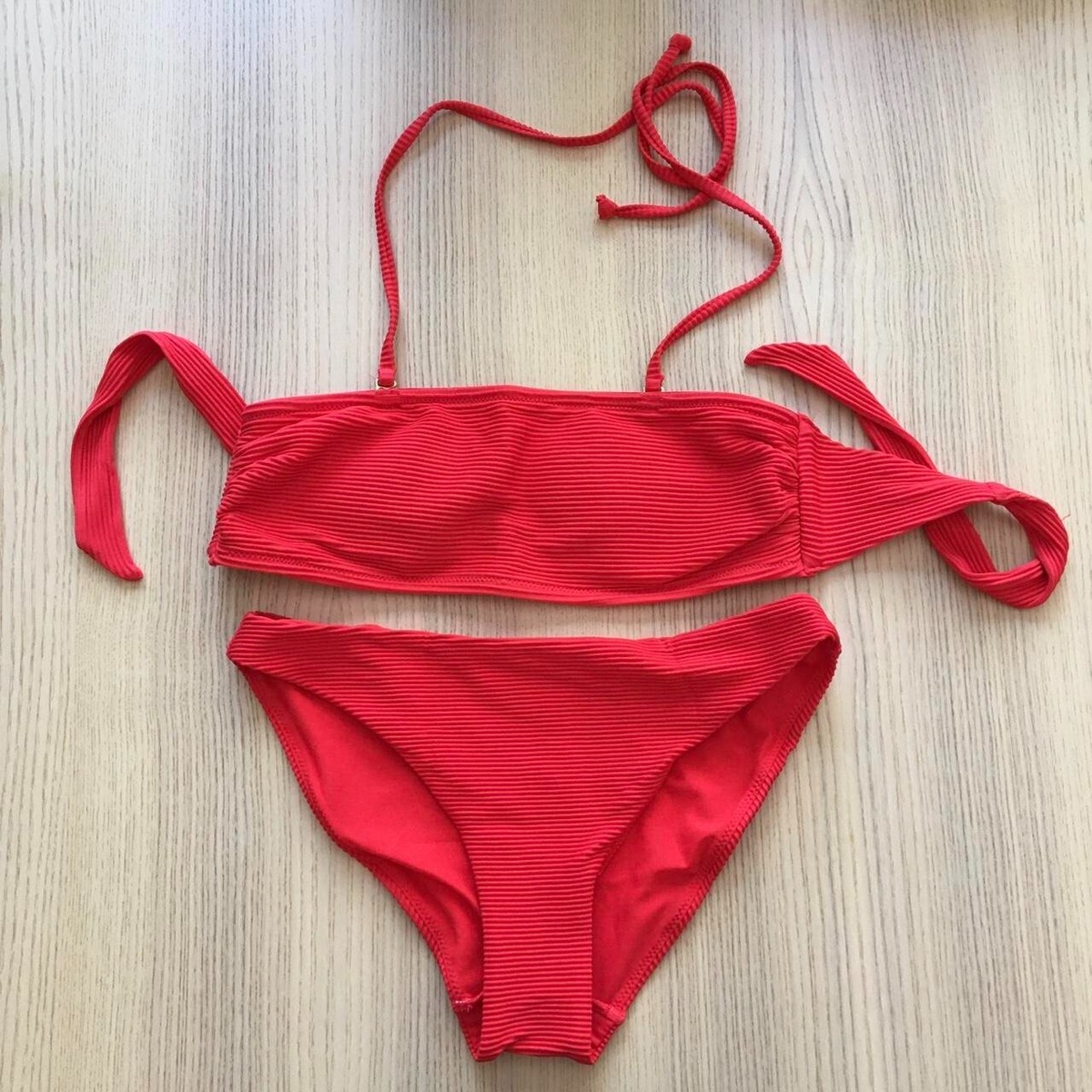 Women's H&M red ribbed bandeau bikini set Size