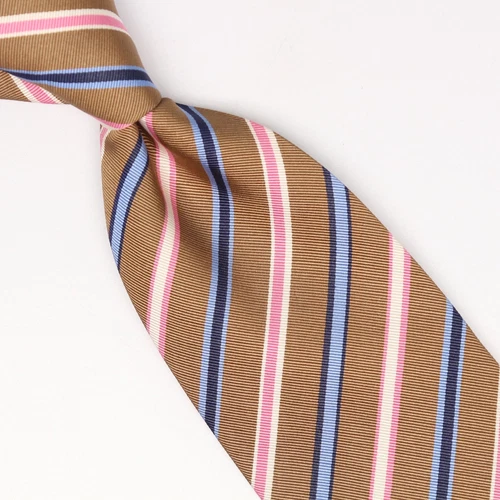 Gladson Mens Silk Necktie Light Brown Pink Blue White Stripe Weave Woven Tie