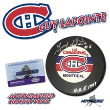 Guy Lapointe Signed Montreal Canadiens Vintage Puck - w/COA HOF #3