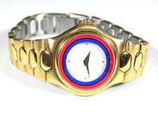 HTF Paolo Gucci Women's Watch Swiss White Face Blue Red Accents Gold Tone Band
