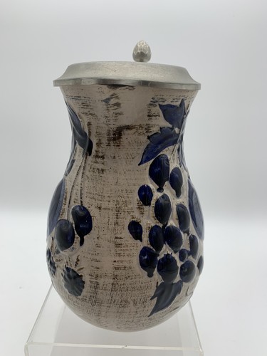 Vtg Studio Pottery Large Gray Pitcher/Stein Blue Fruit W. Germany - Picture 3 of 9