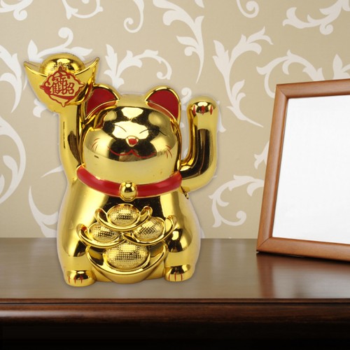 Solar Powered Waving Arm Lucky Cat Decor Welcoming Fortune Cat Statue Gold - Picture 21 of 22