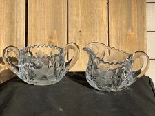 Vintage Etched Glass Clear Sugar and Creamer Set Lancaster Cornflower Pattern