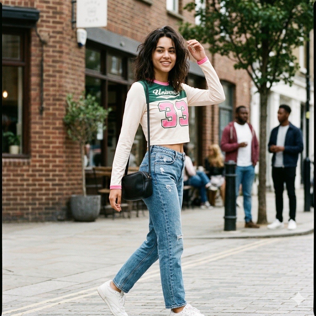 Phard University 33 Crop Top Long Sleeve Varsity Graphic Tee Pink Green UK 8-10 image 2