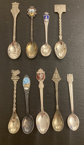 9 Collectible Vtg Souvenir Spoons DENMARK ICELAND SWEDEN FINLAND Ships Free