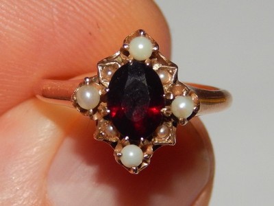 14K GELBGOLD VINTAGE GRANAT SAATPERLE 1/2 ZOLL BREITES GESICHT HALO RING GRÖSSE 6,5