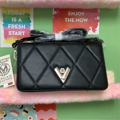 Valentino Orlandi Black Quilted Small Crossbody Bag Gold Logo Turn Lock