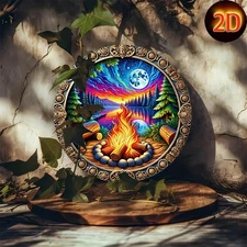 8x8" Campfire Forest Metal Sign - Moonlit Summer Decor