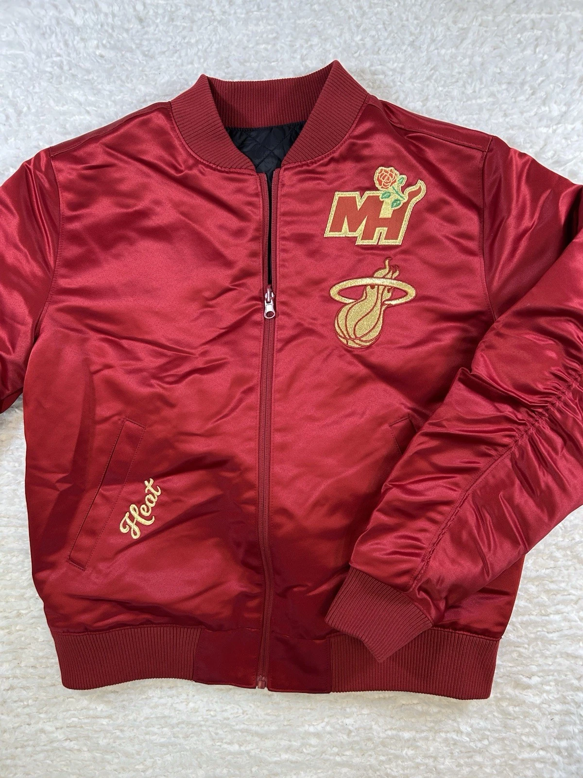 Miami Heat Reversible Satin Bomber Jacket Red Floral Quilted Womens M NWOT