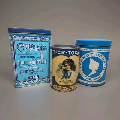 Lot Vtg Blue Tins Chocolatina Peanut Crunch Tick Tock Peaches Bank Cottage Cabin