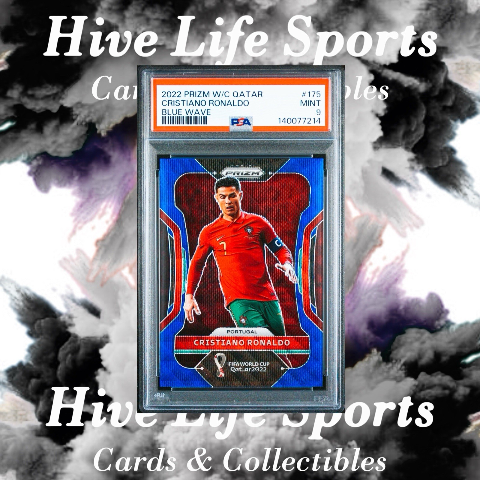 Cristiano Ronaldo 2022 Prizm FIFA World Cup Blue Wave /199 #175 Portugal PSA 9