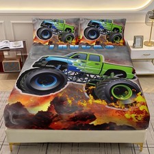 Cartoon Green Monster Trucks Fitted Sheet Set Twin Size for Kids Boys, Extrem...