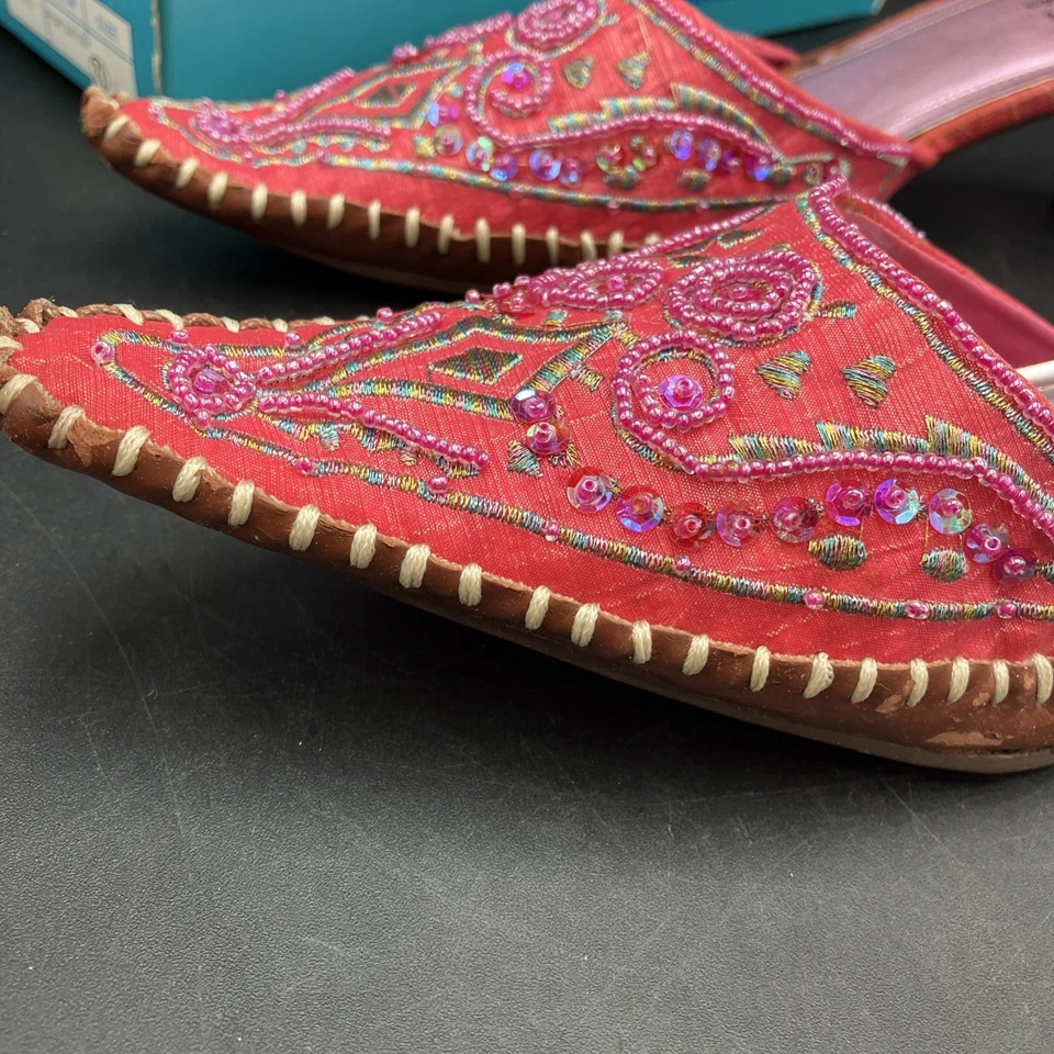 Mujer Punta Punta Punta Bordada Cuentas Mules Colección Flor 7.5 Rosa Satén CAJA. Foto 2 de 4