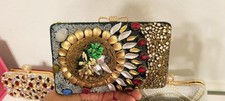 Handmade Beaded Gold Black White Pearl Floral Embellished Bridal Clutch Bag