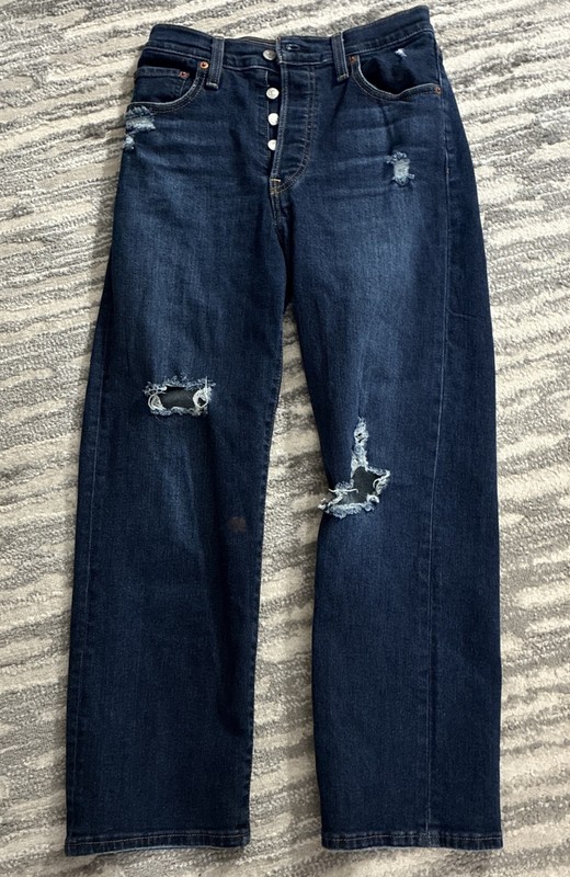 Levi's Ribcage Straight Ankle Jeans Womens Size 26 Blue Button Fly Ripped Knees