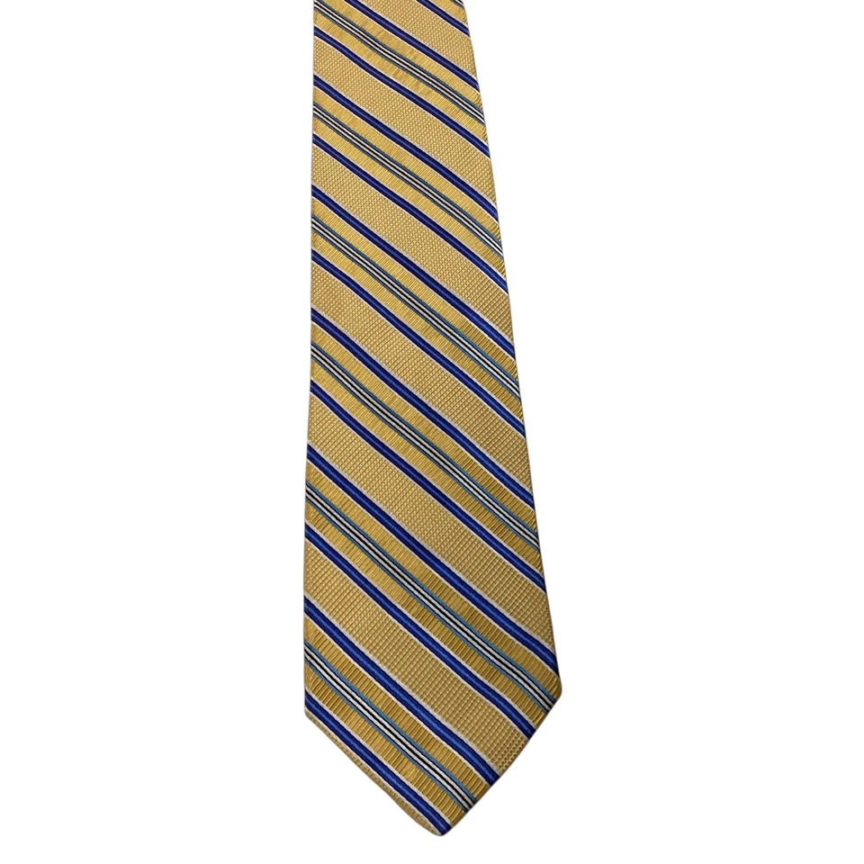 IMAGEM CORPORATIVA Tom James Gravata Masculina de Seda Designer dos EUA Listrada Amarela/Azul Excelente Estado Usado - Imagem 2 de 3