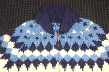 Vtg Hand Knit Cowichan Zip Front Cardigan Sweater BLUE Sz S/M