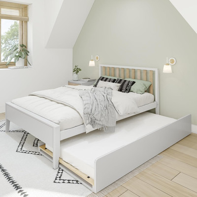 Scandinavian Full Bed with Trundle, Solid Wood, White/Blonde