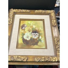 Antique Victorian Still Life Oil Painting of Pansies in Giltwood Frame — listing 6