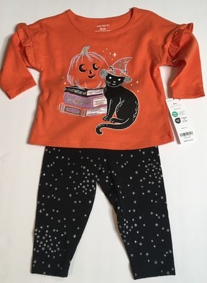 CARTER s 2 PC BABY HALLOWEEN   BLACK CAT & PUMPKIN SHIRT & LEGGINGS Sz 6M NWT