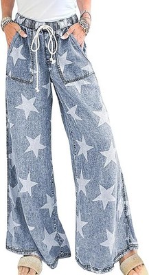 Women Baggy Wide Leg Drawstring Jeans Flare Elastic High Waist Star Printed Jean